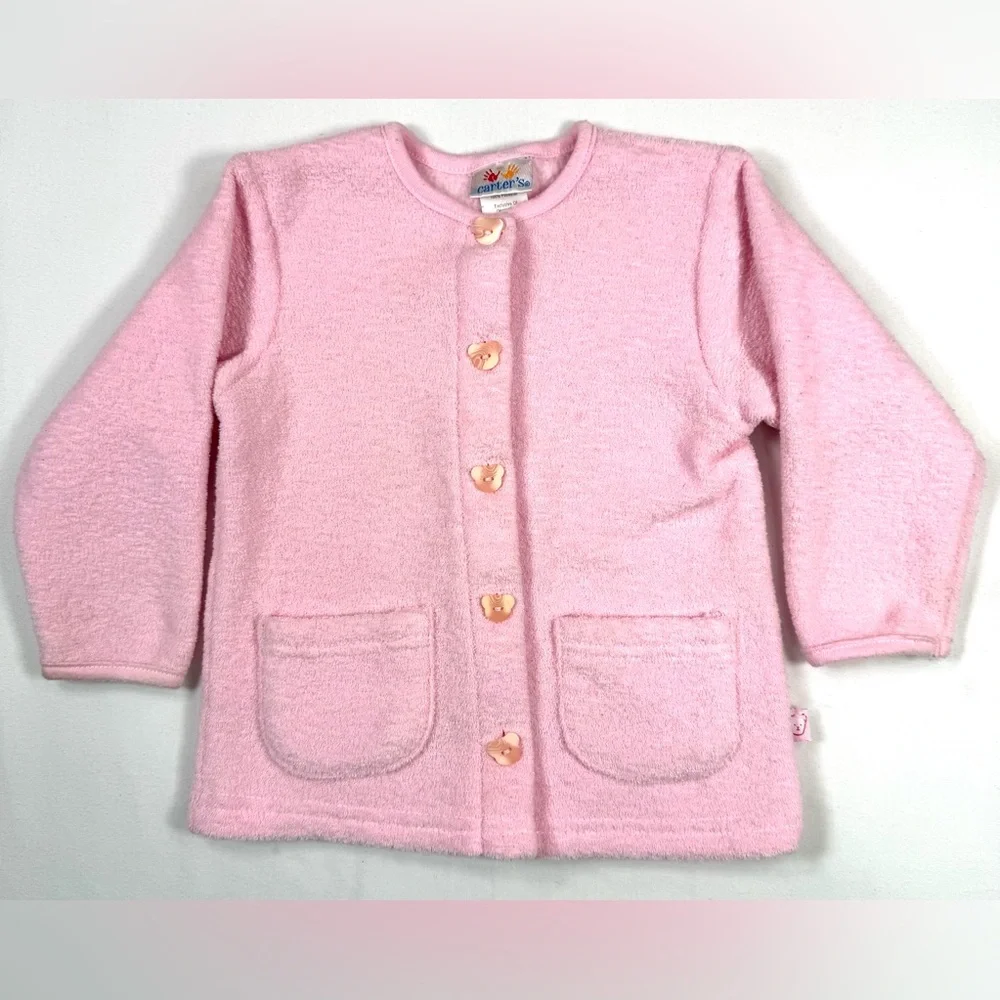 CARTER’S VINTAGE Girls Fuzzy Pink Bear Button Cardigan 18–24M Taiwan 90s Retro‎